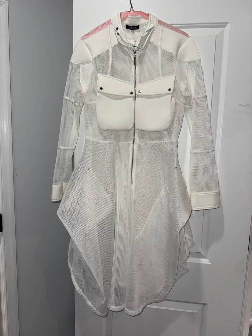 CQbyCQ White High-Low Mesh Dress with Pocket Detail